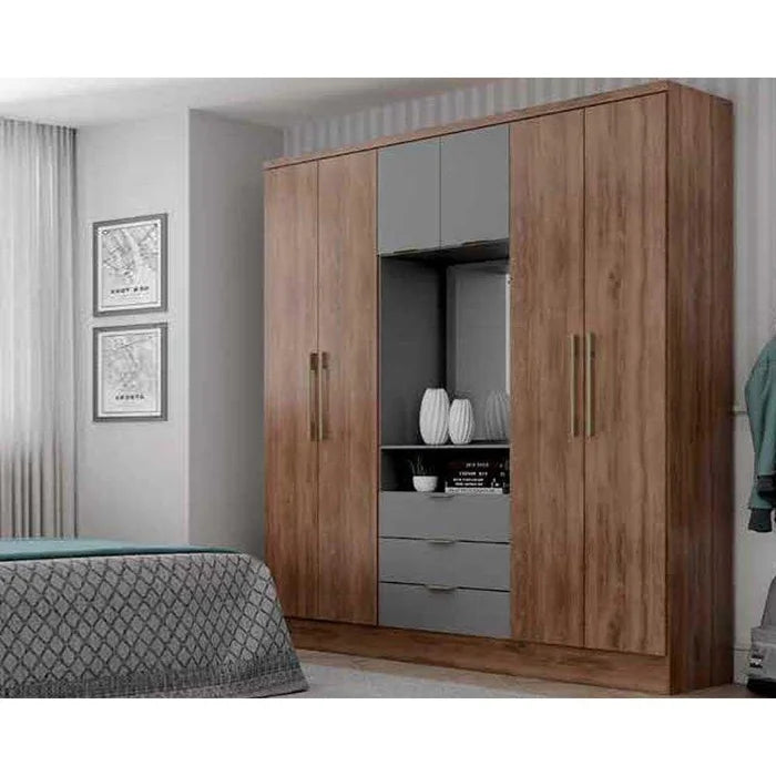Guarda Roupa Casal com Espelho, 6 Portas e 3 Gavetas Aspen