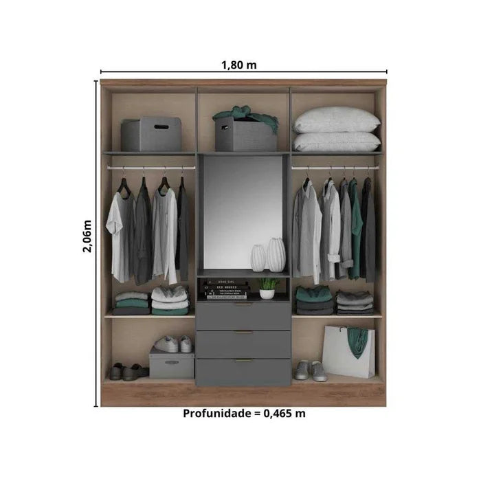 Guarda Roupa Casal com Espelho, 6 Portas e 3 Gavetas Aspen