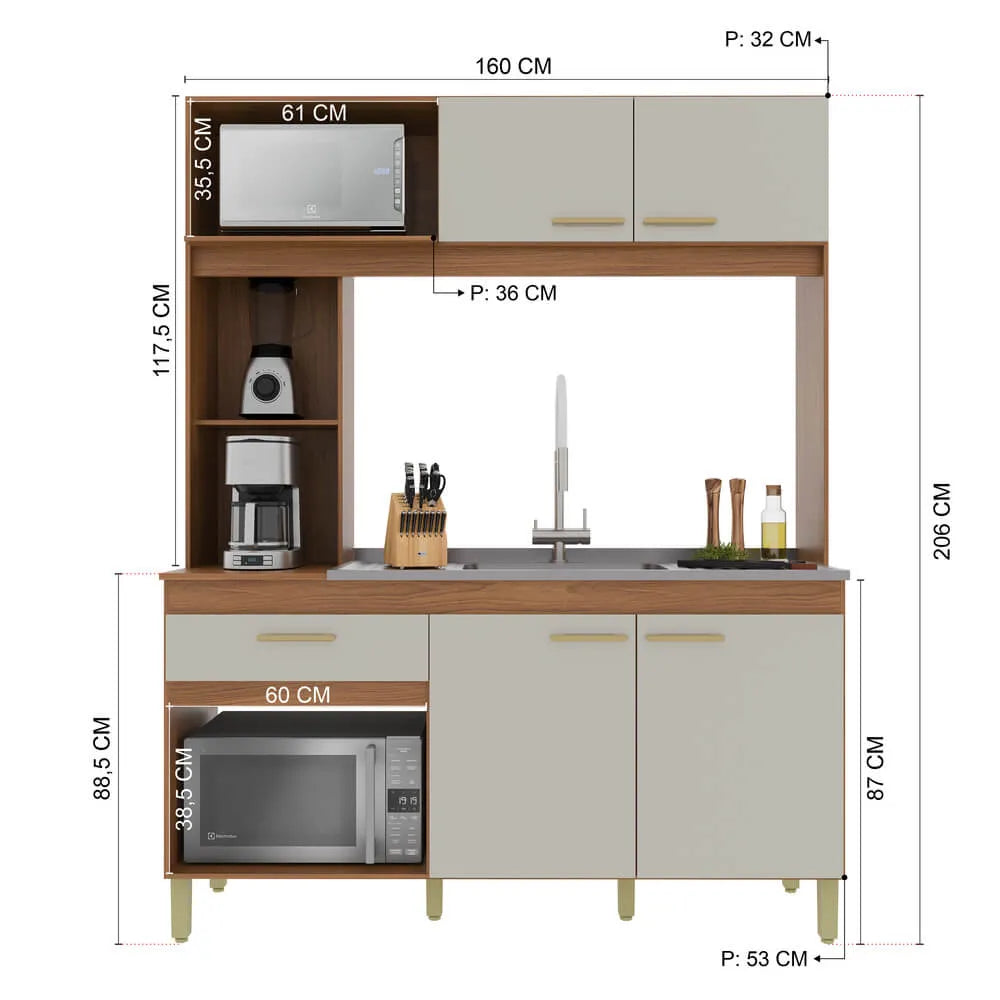 Cozinha Compacta 4 Portas Enne - Freijó/Off White